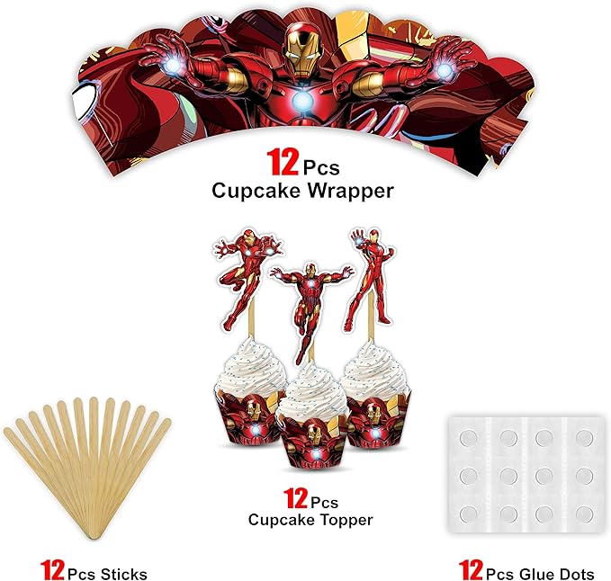 "Irn Man Cupcake Wrapper – Theme Birthday Party Supplies – Cartoon Inspired Cupcake Decoration Wraps for Birthday, Baby Shower, School Events, and Themed Parties"
