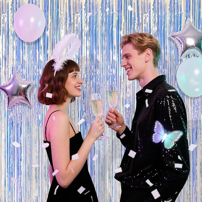 5 Pack Iridescent Neon Party Decorations Sparkly Tinsel Backdrop Foil Fringe Curtain Glitter Curtains for Birthday Party Ocean Theme Valentines Bachelorette Holiday Decorations