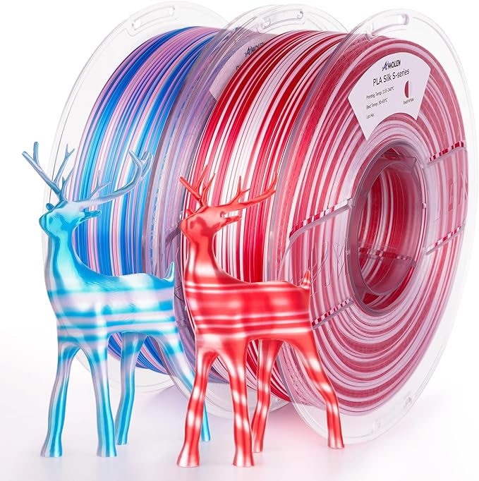 AMOLEN Silk PLA 3D Printer Filament Bundle, Shiny Multicolor Rainbow Filament 1.75mm Pack, Fast Color Change 3D Printing Filament, Red White & Blue Pink White, 1KG X 2 Spools