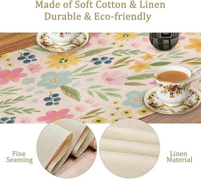 Floral Table Runner, Boho Style Watercolor Flower Green Leaf Plant Rectangle Table Decoration for Dining, Party, Holiday,13in（33cm） W * 60in（152cm） L