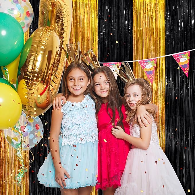 Black Gold Metallic Tinsel Foil Fringe Curtains, 2 Pack 3.3x8.3 Feet Party Streamer for Birthday Party Decorations, Halloween Decor, Foil Curtain Backdrop for Bachelorette Party