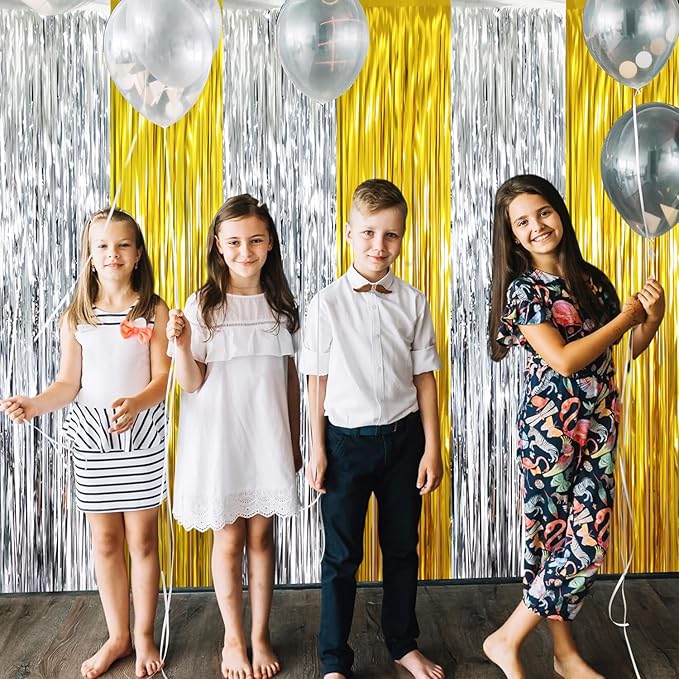GOER 3.2 ft x 8.2 ft Metallic Tinsel Foil Fringe Curtains Party Backdrop Party Streamers for Birthday,Graduation,New Year Eve Decorations Wedding Decor (4 Pcs,Gold&Silver)