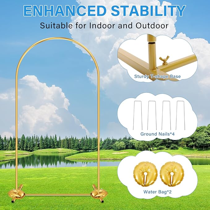 Heavy Duty Metal Arch Backdrop Stand, 7.2FT, 6.6FT, 6FT Set of 3 Gold Arch Stand with Ground Stakes and Water Bags, Balloon Arch Stand for Wedding Party Baby Shower Photo Flower Arch Decration