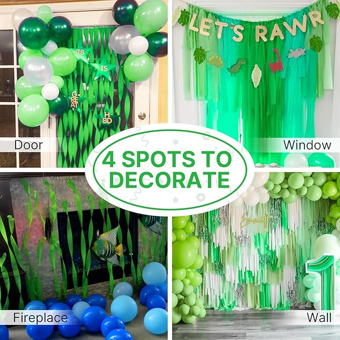 PartyWoo Crepe Paper Streamers 4 Rolls 328ft, Pack of Crepe Paper Light Green and Grass Green Streamers Party Decorations, Crepe Paper for Birthday Decorations, Party Decorations (1.8 In x 82 Ft/Roll)