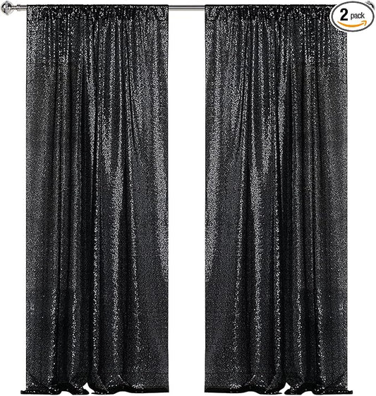 Sugargirl Halloween Black Sequin Backdrop Curtain 2 Panels 2FTx8FT Glitter Black Background Drapes Sparkle Photography Backdrop for Party Wedding Birthday Wall Decoration