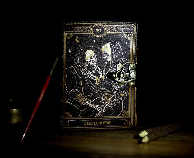 cuero Book of Spells Leather Journal Deckle Edge Paper Grimoire Printed Journal The Lovers Tarot Notebook Spiral Gothic Notebook Skull lover Antique Vintage Leather Journals for Men and Women