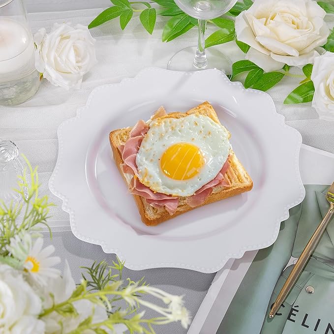 COLOSUS 100pcs 9.5 Inch-White Plastic Dinner Plates, Fancy White Plastic Plates,Heavy Duty Disposable Dinner Plates for Party Wedding and Everyday Use