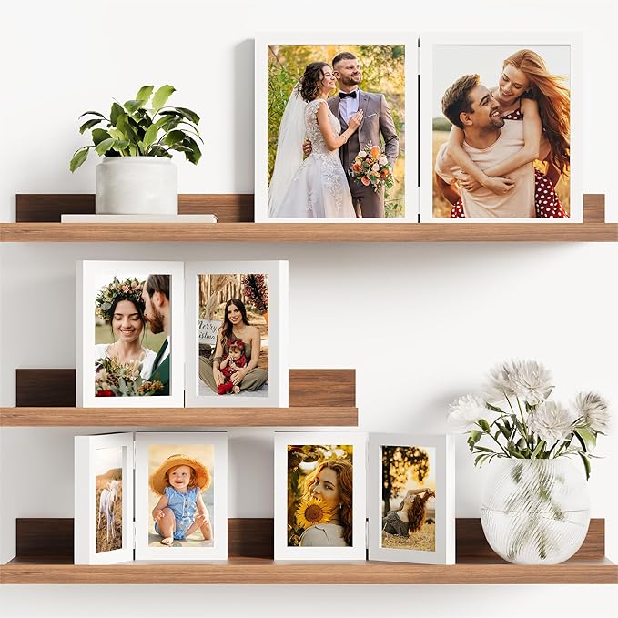 decorUhome Double 4x6 Picture Frame Vertical, Engineered Wood Bifold Photo Frame with Plexiglass for Tabletop Display, 4x6, White