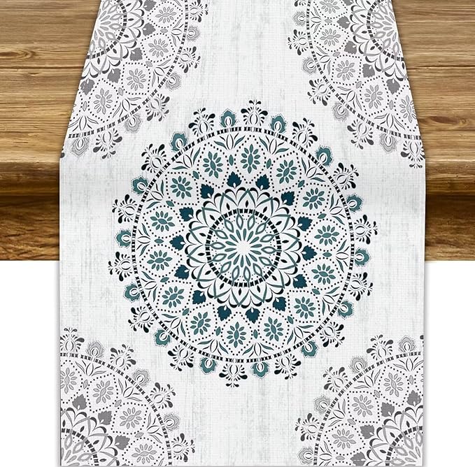 Boho Flower Table Runner, Bohemian Turquoise Mandala White Teal Floral Kitchen Dining Table Runners for Indoor Outdoor Home Party Holiday Decor, 13x90inch