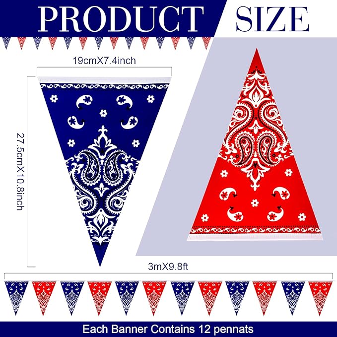 Frienda 6 Pack Western Cowboy Party Decorations Bandana Pennant Banner Christmas Wild West Rodeo Decor Red and Blue Country Decorations for Cowboy Themed Party Decoration, 9.8 Feet
