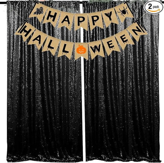 JYFLZQ Black Sequin Backdrop Curtains 2ft x 8ft 2 Panels Halloween Backdrop Glitter Photo Booth Backdrops Sparkly Photography Background Drapes for Graduation Birthday Parties