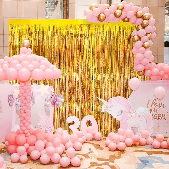 Gold Metallic Tinsel Foil Fringe Curtains, 4 Pack 3.3x8.3 Feet Party Streamer Curtains for Birthday Party Decorations, Halloween Decor, Foil Curtain Backdrop for Bachelorette Party