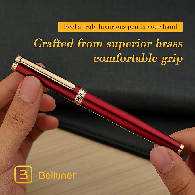 BEILUNER Red Fountain Pen,Stunning Luxury Pens with 24K Gold Finish, Gorgeous 24K Gilded Nib(Fine), Trustworthy Pen Gift for Men&Women -Ink Converter-Elegant,Graduation,Office,Nice Pen for Writing