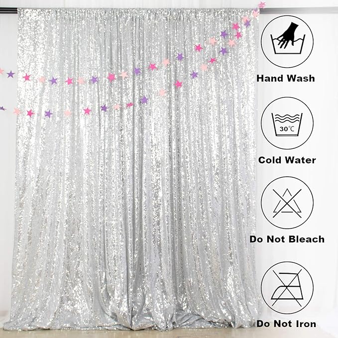 ShinyBeauty Silver Backdrops 2 Pieces Sequin Curtains 4FTx7FT Photoshoot Background Shimmer Backdrop Curtain Panels Sparkle Backdrop for Birthday,Wedding,Party Studio Decor(8FTX7FT)