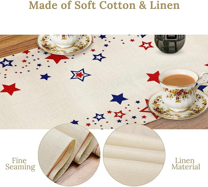 4th of July Table Runner, American Stars Patriotic Independence Day Table Runner for Indoor Outdoor Party Home Kitchen Dining Table Decor, Blue Red, 13x120inch