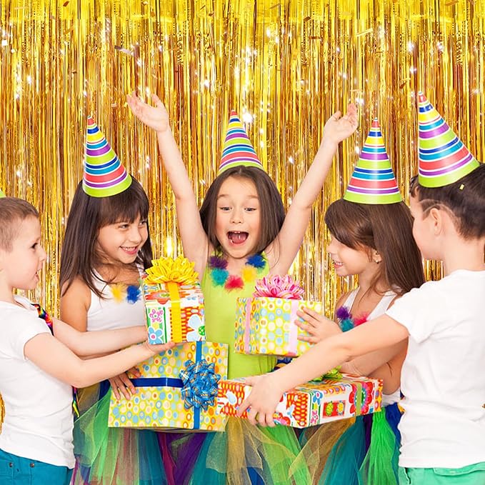 2 Pack Gold Metallic Tinsel Foil Fringe Curtains, Door Streamers Photo Booth Backdrop for Birthday Party, Tinsel Curtain Backdrop for Baby Shower Bachelorette Christmas Party Decorations