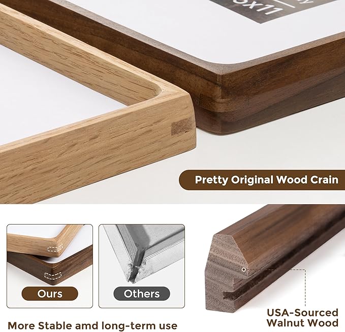 11x14 Wooden Picture Frames USA-Sourced Natural Walnut Solid Wood Photo Frame Handcrafted Rounded Corner with Mat to 8x10 Picture Frame Vintage Display with Real Glass Family Picture