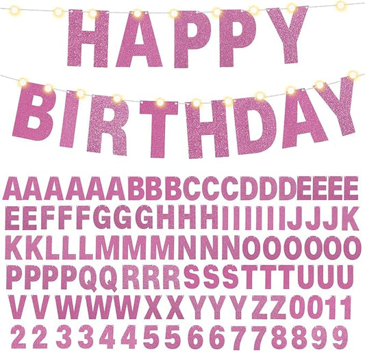 TaoBary 112 Pcs DIY Letter Kit Glitter Customizable Banner Letters Include 107 Letters and Numbers 3 Rope and 2 Needles for Birthday Halloween Christmas Wedding Valentine Party Decor(Pink)