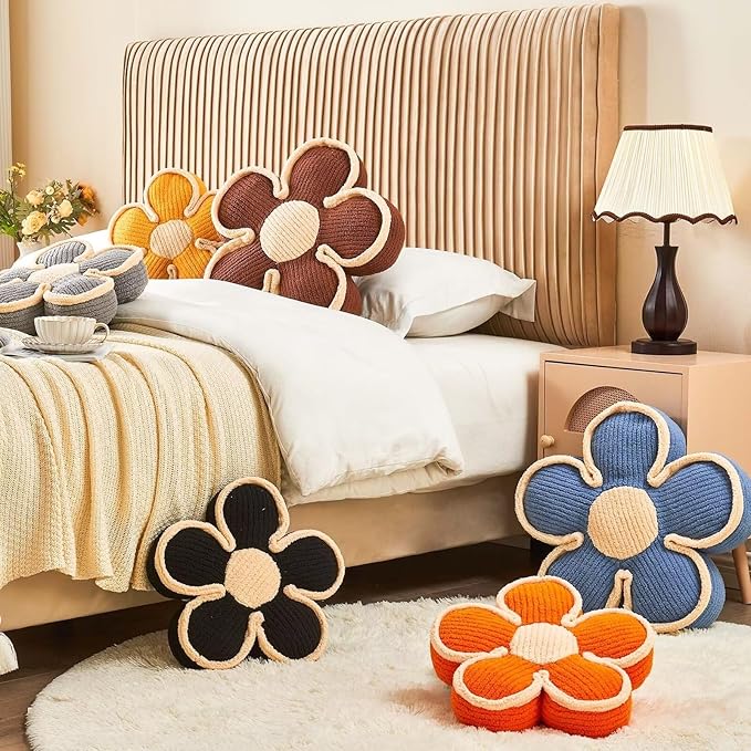 Soft Flower Shaped Floor Cushion, Plush Decorative Throw Pillow, Cute Seating Cushion, Room Decor Pillow for Sofa Couch Bed (13.7 Inch, Black)