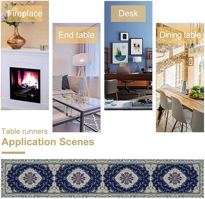 Elegant Palace Boho Blue Table Runner Vintage French Style Farmhouse Geometric Home Farmhouse Kitchen Table Dining Coffee Room Garden Party Wedding Decor 13x108in
