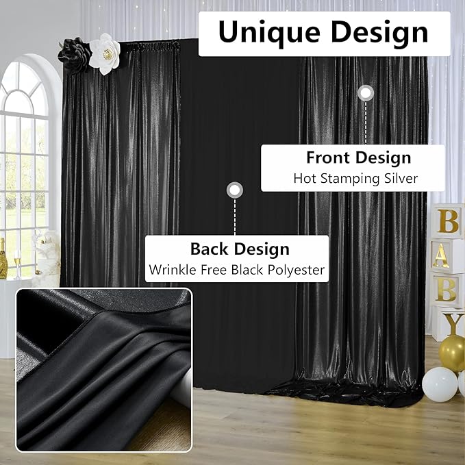 30x10 ft Wrinkle Free Black Sequin Backdrop Curtain for Parties,Thick Not Fall Glitter Wedding Drapes Backdrop,6 Panels 5x10ft Shimmer Photo Wall Back Drop Cloth for Birthday Photography Background