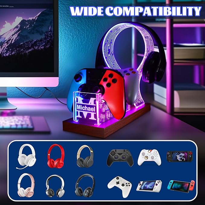 YuanDian Gamer Gifts for Teenage Boy, Desk Gaming Headset and Controller Stand with Blue Pink LED Night Light, Acrylic Wooden Controller Holder with PCB Pattern, Desk Decor Gift (Customized)