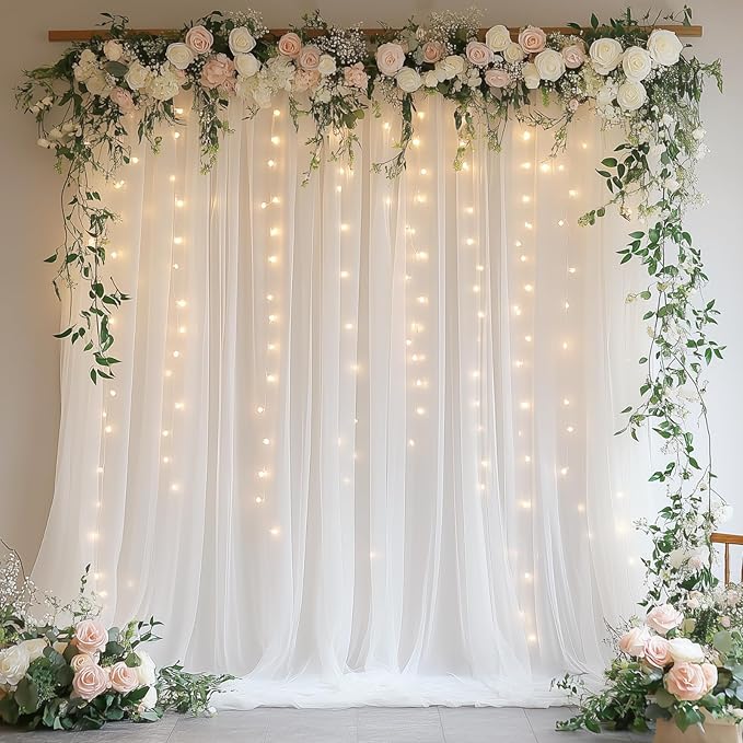 White Tulle Backdrop with Fairy Lights for Parites Wrinkle-Free Sheer Curtain Drapes Photo Back Drop for Wedding Baby Shower Bridal Shower Birthday Dance Home Décor- 10ft×8ft, White