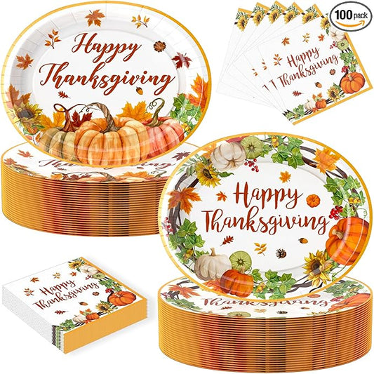 100Pcs Thanksgiving Oval Paper Plates and Napkins Set, 10" x 12" Party Plates,Large Disposable Dinner Plates for Fall Party and Thanksgiving Day