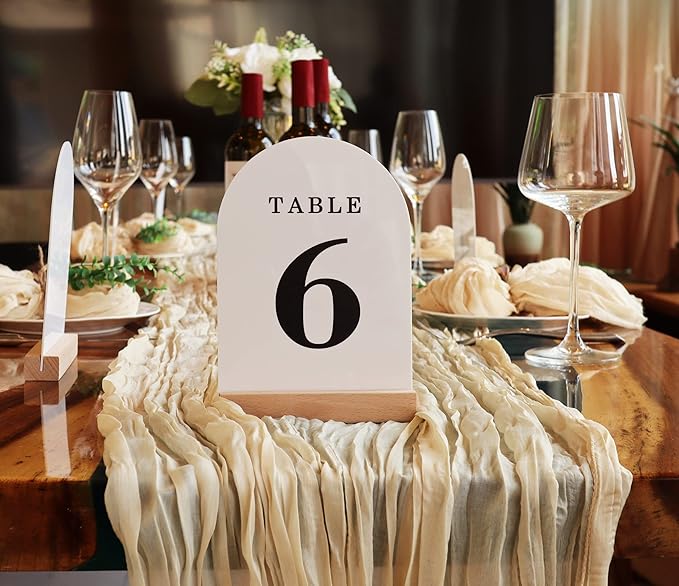 Wedding Table Numbers 1-20, Acrylic Arch Signs with Natural Wood Stands Holders, Rustic Table Decor for Reception & Parties (White Black)