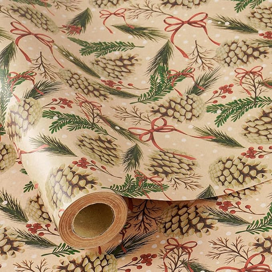 RUSPEPA Kraft Christmas Wrapping Paper Roll, Mini Roll, Pinecone and Greenery Design with Red Bow and Snowflake, Kraft Gift Wrap Paper for Christmas, Holiday, Winter Party, 17 Inches x 16.4 Feet