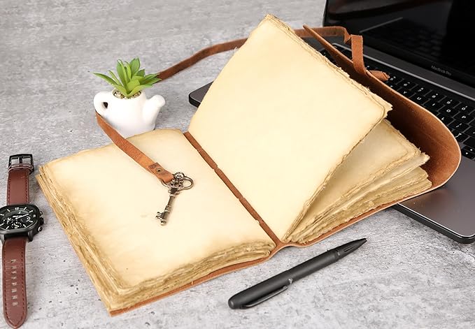 Leather Journal with Deckle Edge Paper 7x5 inch and Vintage Key | Handmade Writing Notebook Diary | Bound Daily Notepad for Men & Women Medium, Sketch/Writing pad for Artists (Brown)
