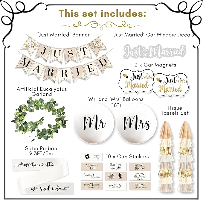 33 Pc Just Married Car Decorations – Wedding Reception & Ceremony Decor – Banners, Stickers & Balloons – Elegant Reusable Wedding Car Kit – Weather-Resistant & Easy to Apply – No Residue