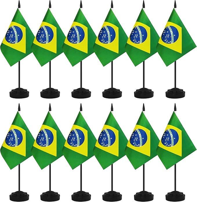 12 Pack Brazil Desk Flags, Brazilian Desktop Flag, Small Miniature Office Flags with 12" Black Pole and Black Base, Offices, Classroom, Home, Festival Decoration (Brazil)