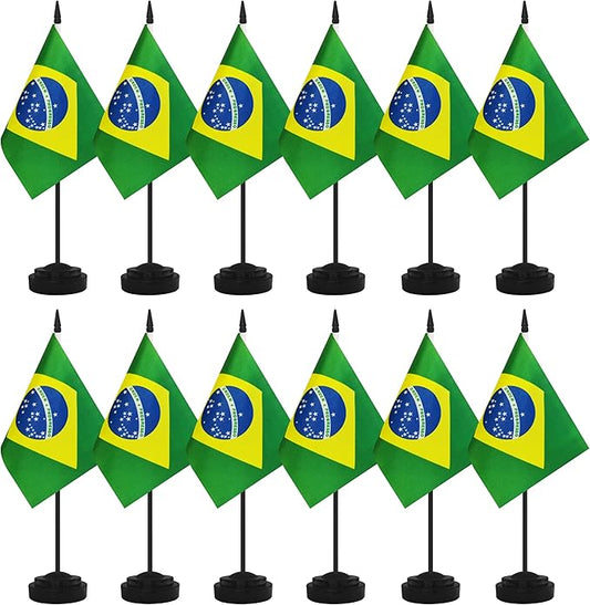 12 Pack Brazil Desk Flags, Brazilian Desktop Flag, Small Miniature Office Flags with 12" Black Pole and Black Base, Offices, Classroom, Home, Festival Decoration (Brazil)