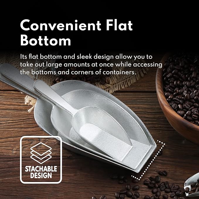 New Star Foodservice 34707 One-Piece Cast Aluminum Flat Bottom Bar Ice Flour Utility Scoop, 16-Ounce, Silver