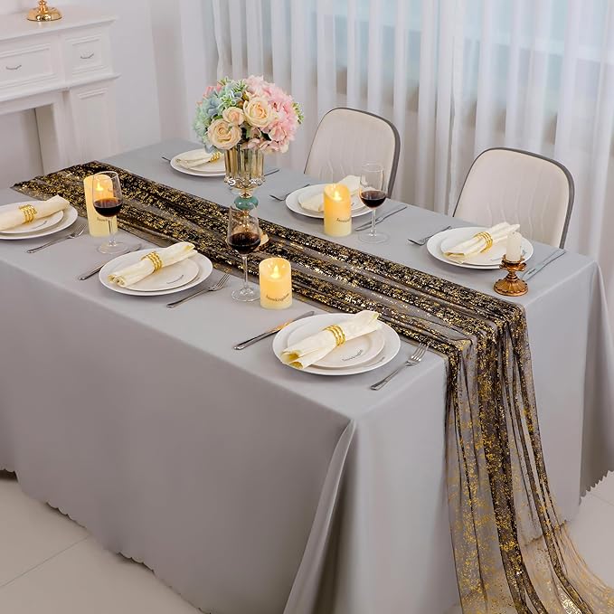 Snowkingdom 6 Pcs Black & Gold Cheesecloth Table Runner 10 FT, Sheer Chiffon Sparkle Gauze Mesh Runners 120 Inch, Glitter Table Centerpieces Decoration for Birthday Party Wedding Christmas Halloween