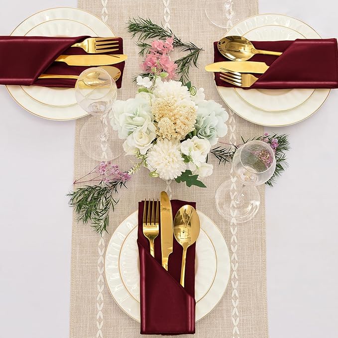 12 Pieces Burgundy Satin Napkins, 17" x 17" Square Table Napkins, Silky Soft Smooth Washable Napkins for Restaurant, Weddings, Dinner, Party Decoration