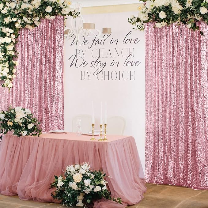 Hahuho Rose Pink Sequin Backdrop Curtain, 2PCS 2FTx8FT Glitter Backdrop Curtain for Parties, Christmas, Wedding, Banquet Decoration（2 Panels, 2FT x 8FT, Rose Pink）