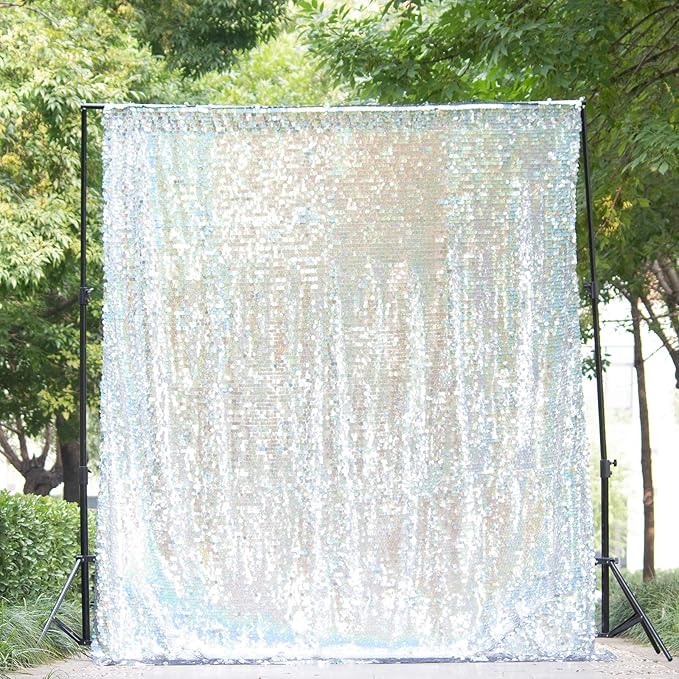 JYFLZQ Iridescent Silver Payette Sequin Backdrop Curtains 8ft x 8ft 1 Panel Glitter Thick Shimmer Backdrop Background Photo Booth Backdrops for Parties