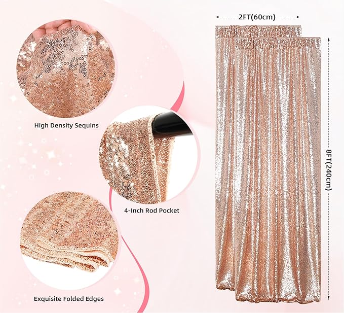 Juya Delight 2Pcs 2FTx8FT Rose Gold Sequin Backdrop Curtains Rose Gold Glitter Photo Backdrops for Party Birthday Wedding Decoration
