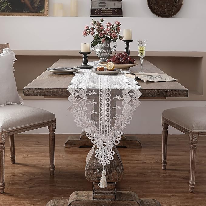 patdrea Designer Vintage White Lace Table Runner,Crochet Decorative Table Covers,Chiffon Embroidered Tasseled Table Runners, Cutwork Dresser Runners,Christmas Wedding Party Bridal 16x87 Inches Long