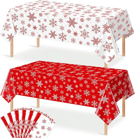 12 Pieces Christmas Snowflake Plastic Party Tablecloth Decorations,54x108 inch Disposable White Red Rectangle Snowflake Xmas Table Cover Backdrop for Winter Christmas Holiday New Year Party Supplies