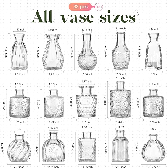 Set of 33 Bud Vases for Flowers, Small Glass Vases for Flowers,Small Vintage Glass Bottles for Rustic Wedding Centerpieces and Home Table Flower Decor