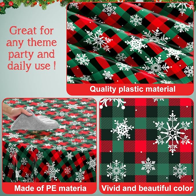 Jectivs 3Pcs Christmas Buffalo Plaid Snowflake Party Tablecloths Decorations,Plastic Red and Green Checkered Round Table Cover for Winter Christmas New Year Birthday Holiday Party Decorations,84 inch
