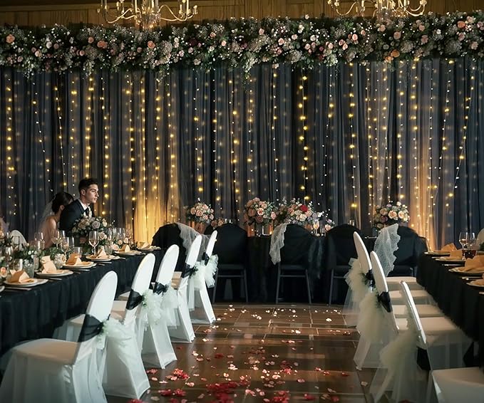 Black Tulle Backdrop Curtain with Lights String for Parites 20ft×10ft Black Sheer Backdrop Curtains for Baby Shower Wedding Bridal Shower Birthday Party Photo Shoot Decorations(4 Panels 5×10ft)