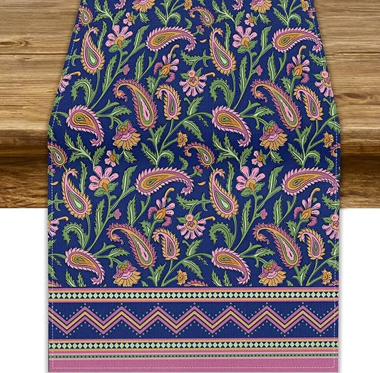 Colorful Paisley Floral Table Runner, Vintage Pink Purple Flowers Green Plants Leaves Print Table Runner for Kitchen Dining Table Indoor Outdoor Home Party, 13x90inch