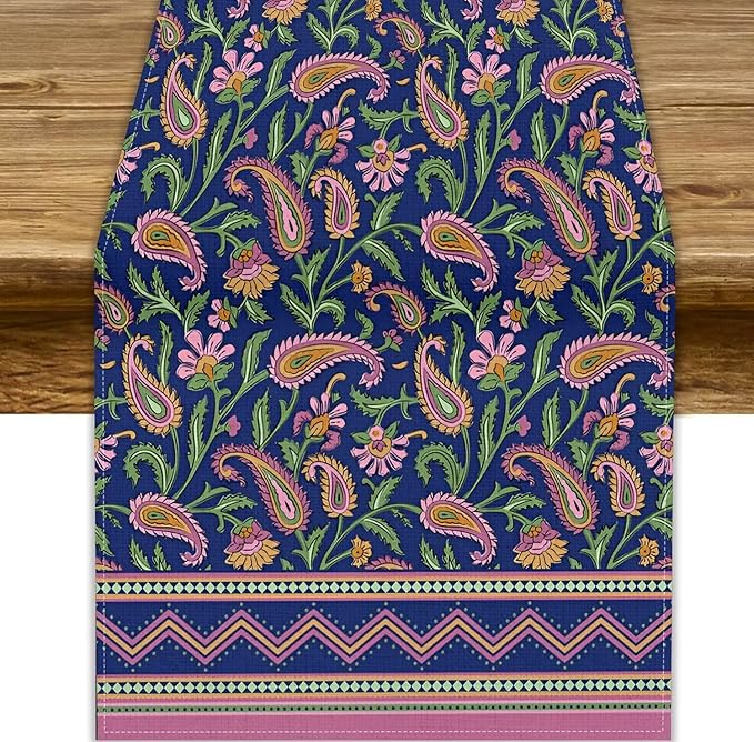 Colorful Paisley Floral Table Runner, Vintage Pink Purple Flowers Green Plants Leaves Print Table Runner for Kitchen Dining Table Indoor Outdoor Home Party, 13x120inch
