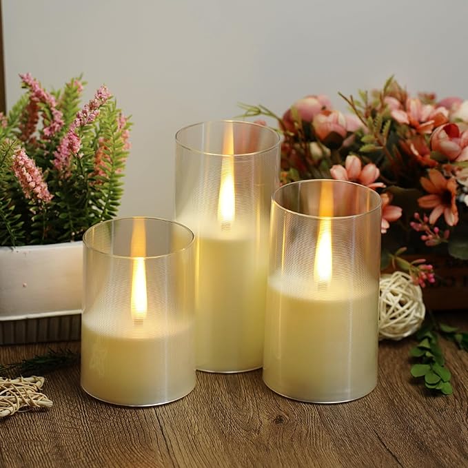 Flameless LED Candles, Upgraded Realistic Flickering Pillar Battery Operated Candles with Remote Timer, Acrylic Electric Set of 3 for Romantic Ambiance and Home Decoration（Ivory）