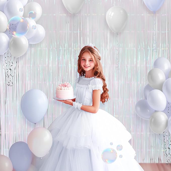 4 Pack White Party Streamers Backdrop Curtains, 3.3x8.2ft Holographic Tinsel Foil Curtain Photo Booth Props for Birthday, Wedding, Holiday Celebration, Bachelorette, Theme Decorations