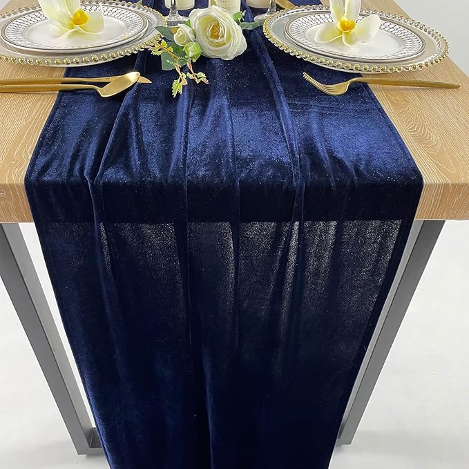 Luxurious Velvet Table Runner, 10ft Wedding Reception Decorations, 20x120inch Soft Velvet Fabric, Table Linen Overlay, Wedding Table Runners (Navy Blue, 20X120inch)